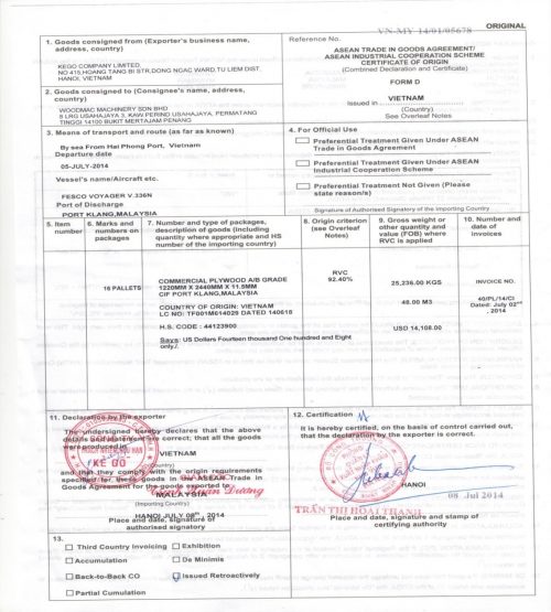 Trị giá trên ô số 9 C/O form D với mua bán 3 bên